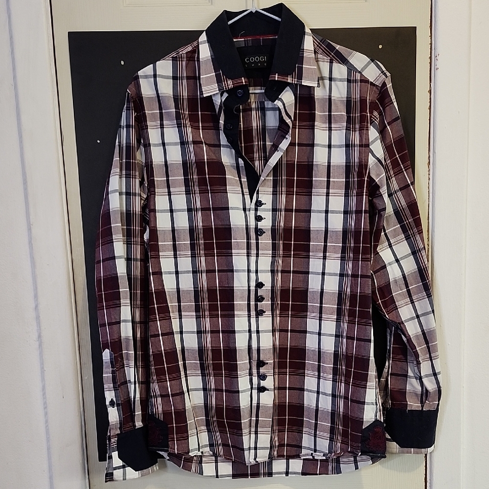 Coogi Men's Plaid Shirt - Brown and White